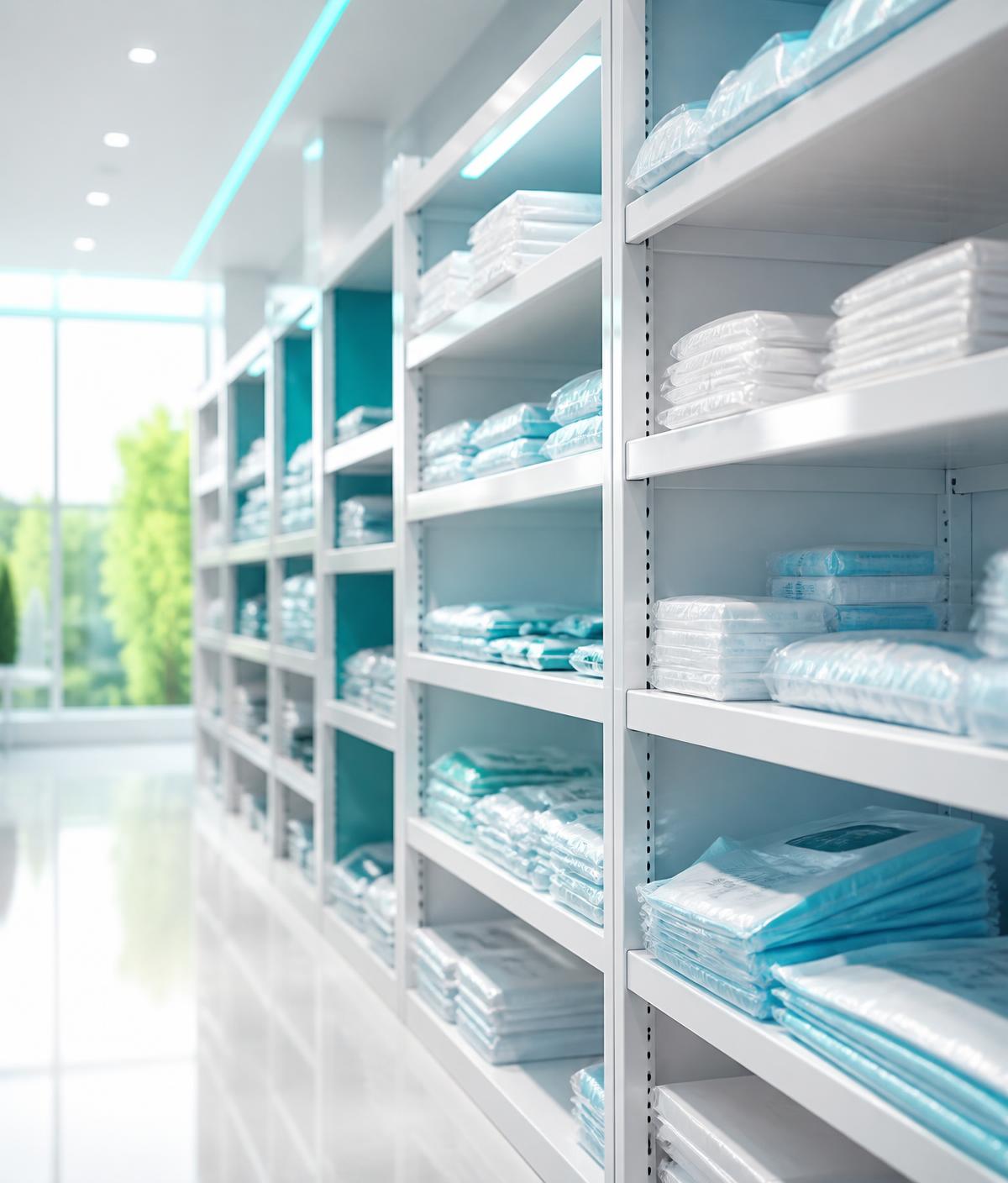 Sterile surgical products organised on warehouse shelving